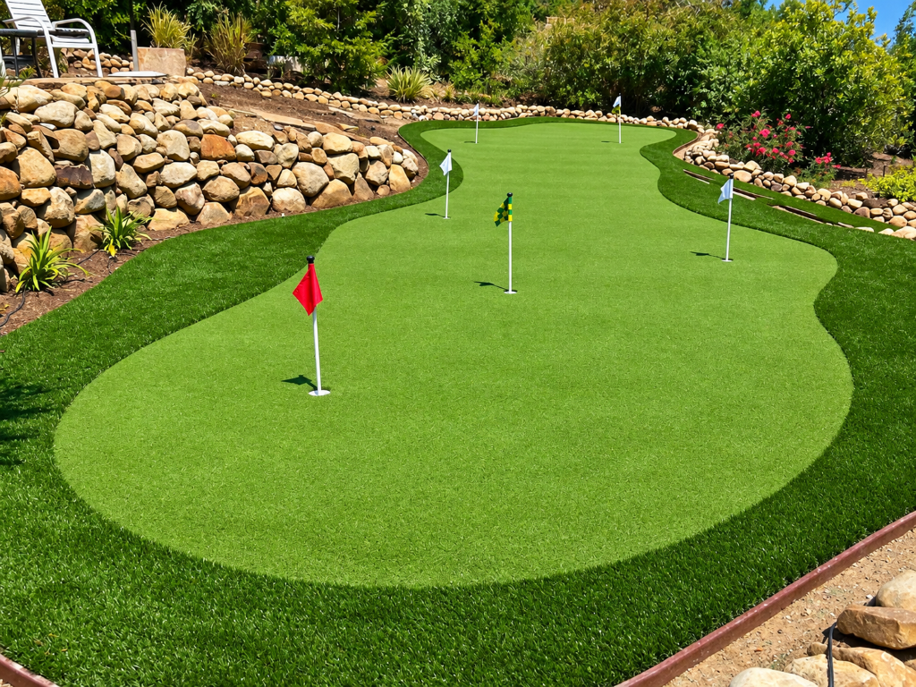 Curved putting green with several flags after Artificial Grass Services in Sparks, NV for convenient home golf practice.