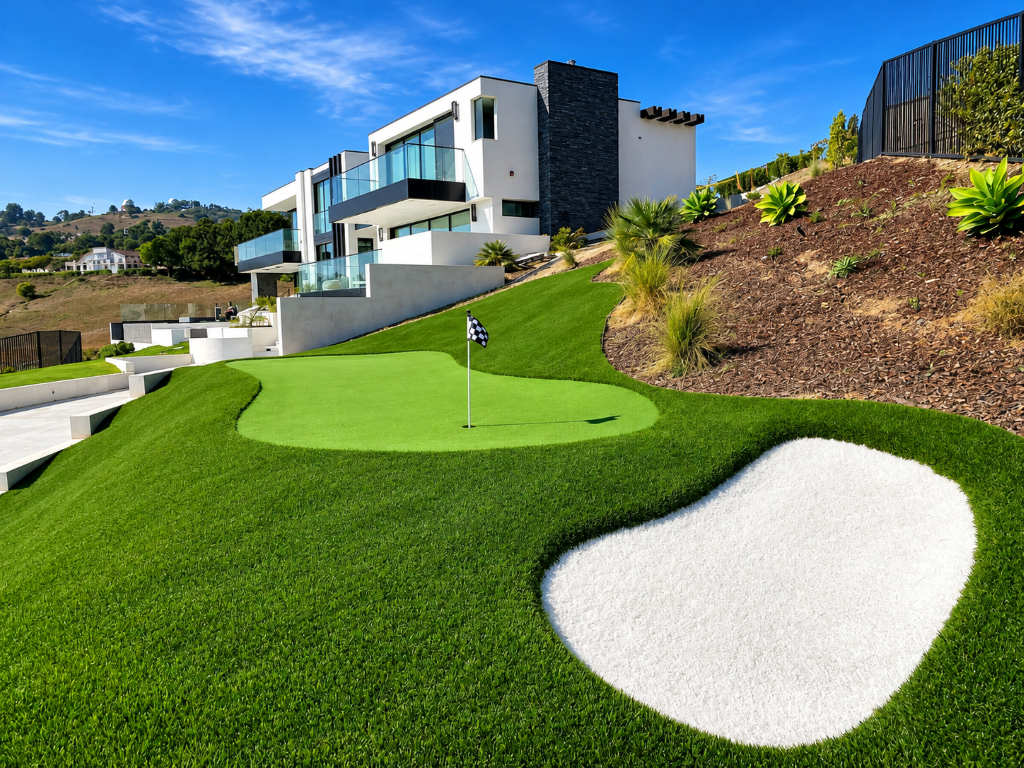Backyard putting green with flags and white bunker after Artificial Grass Services in Sparks, NV for home golf practice.