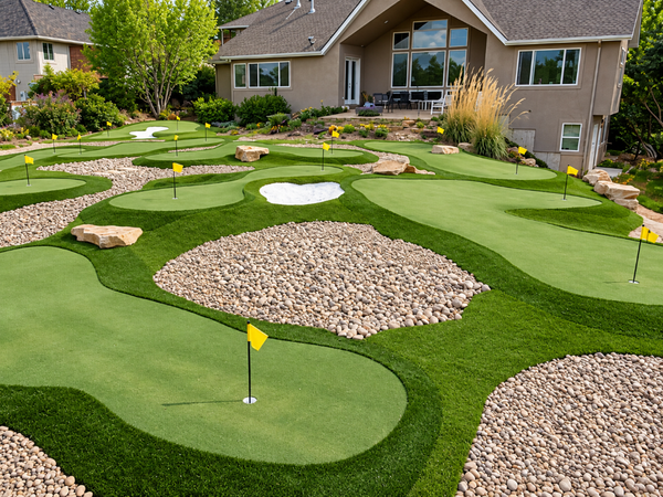 Curved putting green with flags and stone features after Artificial Grass Services in Sparks, NV for home golf practice.