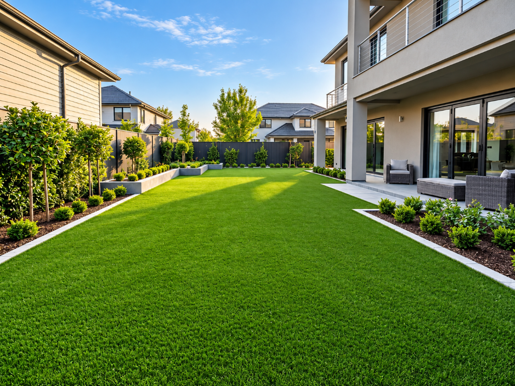 Modern backyard has a broad green lawn after Artificial Grass Services in Sparks, NV with neat garden borders and patio.