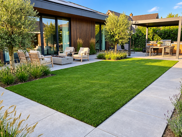 Backyard patio overlooks a fresh synthetic lawn after Artificial Grass Services in Sparks, NV with clean garden borders.