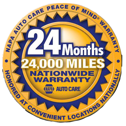 24 months/24,000-mile nationwide auto care warranty badge in blue, gold, and white
