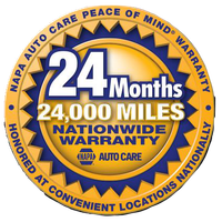 24 months/24,000-mile nationwide auto care warranty badge in blue, gold, and white