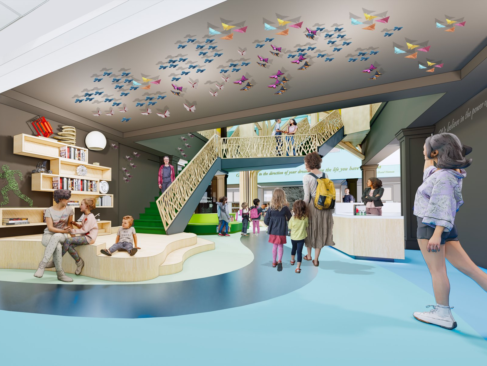 An artist 's impression of a library with a staircase and people walking around.