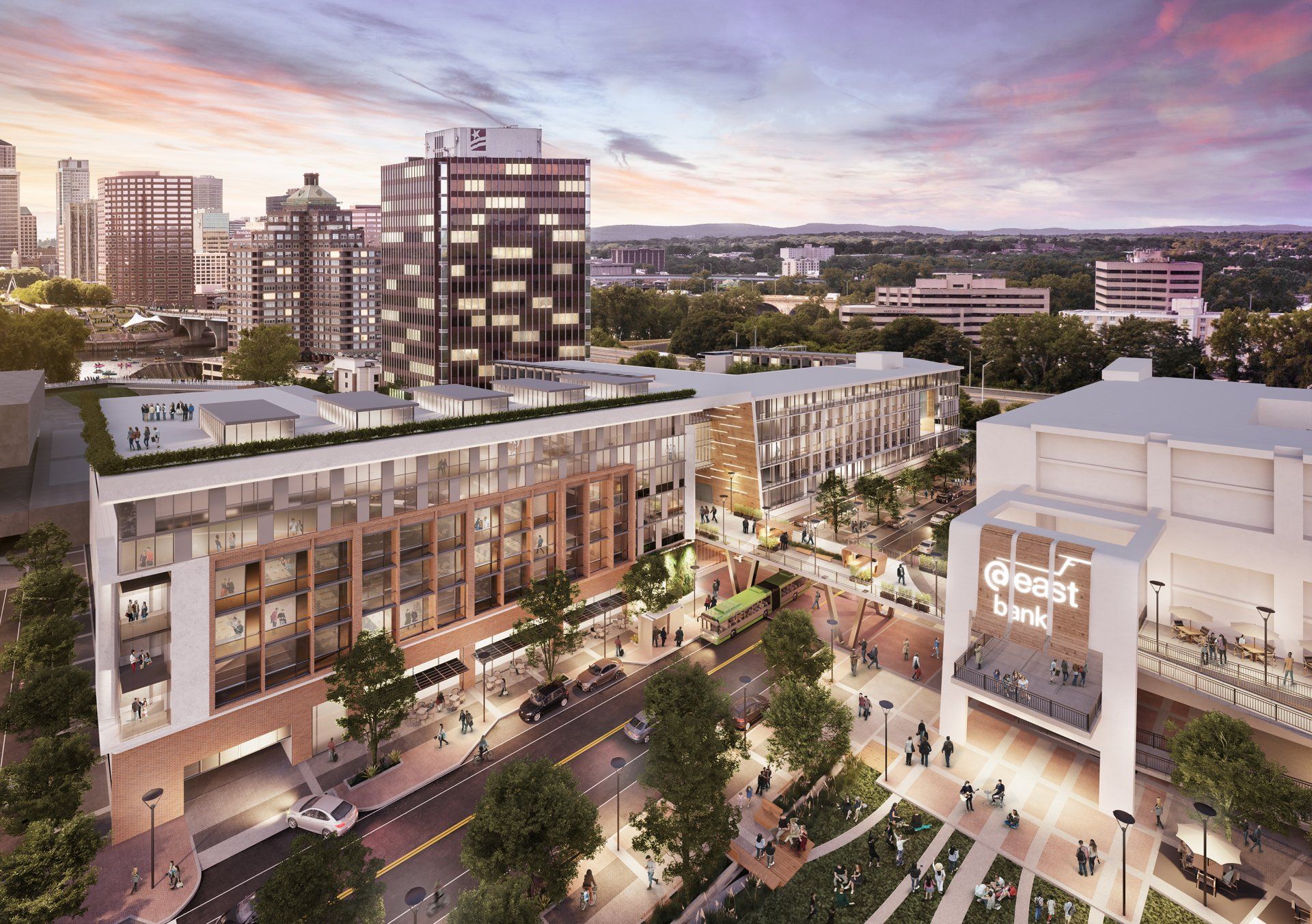 An artist 's impression of a large building in the middle of a city.