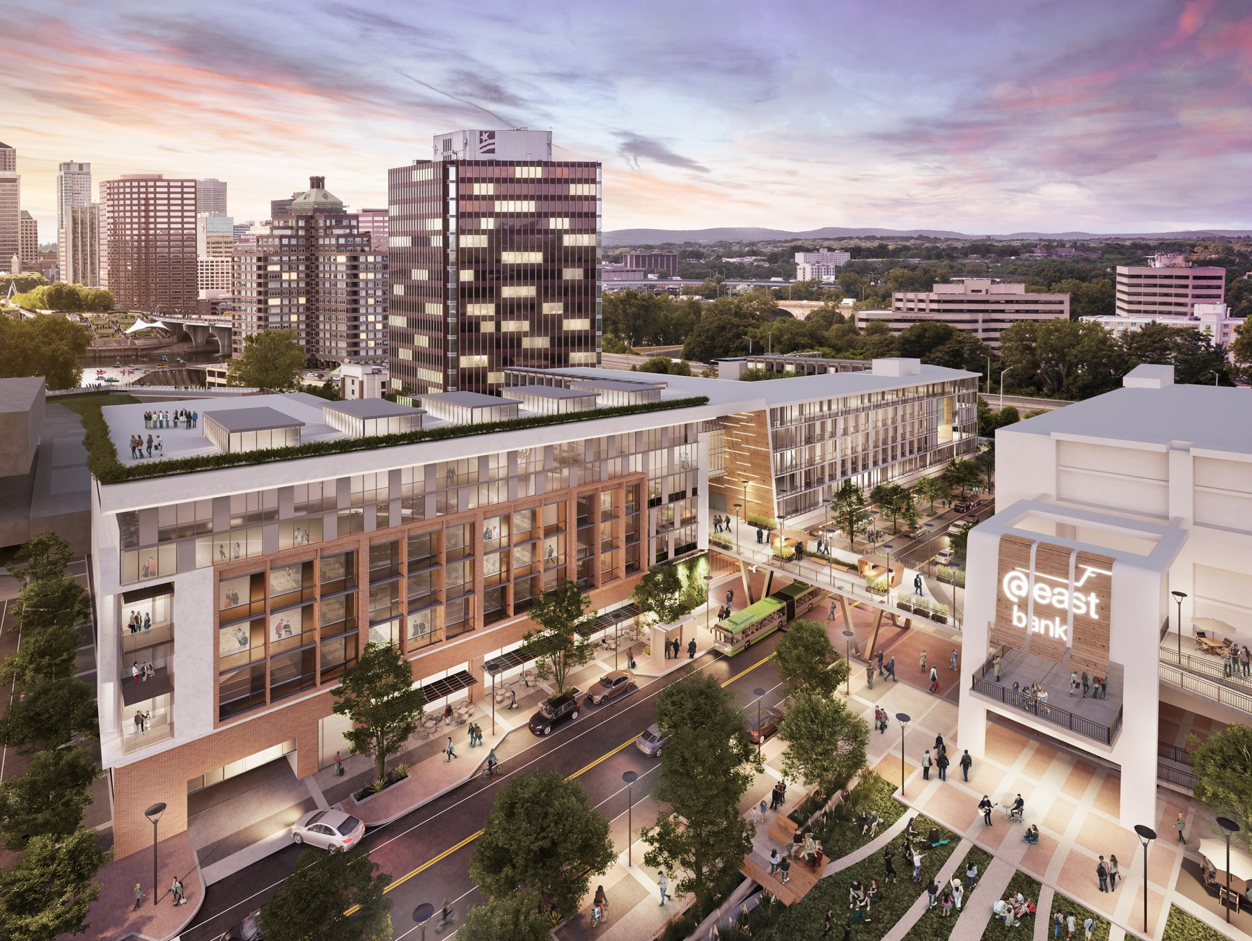 An artist 's impression of a large building in a city.