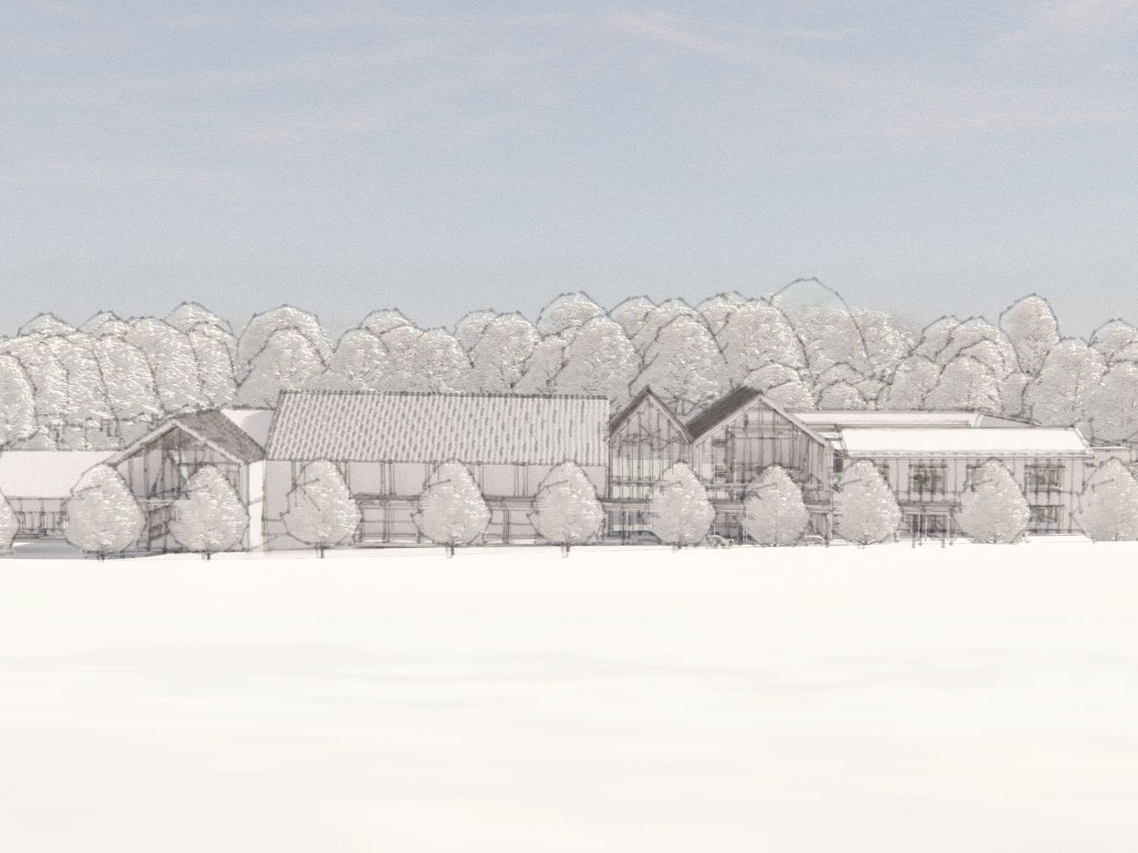 A black and white drawing of a house in the middle of a snowy field surrounded by trees.