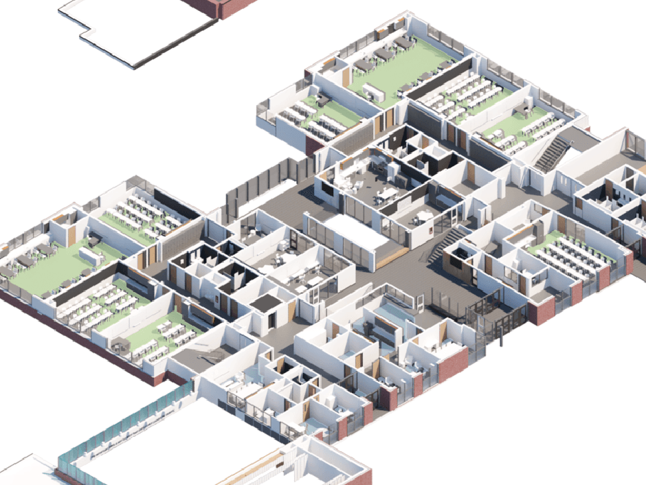 An aerial view of a large building with lots of rooms and classrooms.