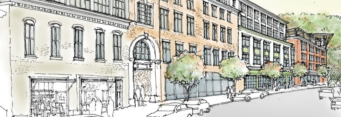 A drawing of a row of buildings with trees in front of them.