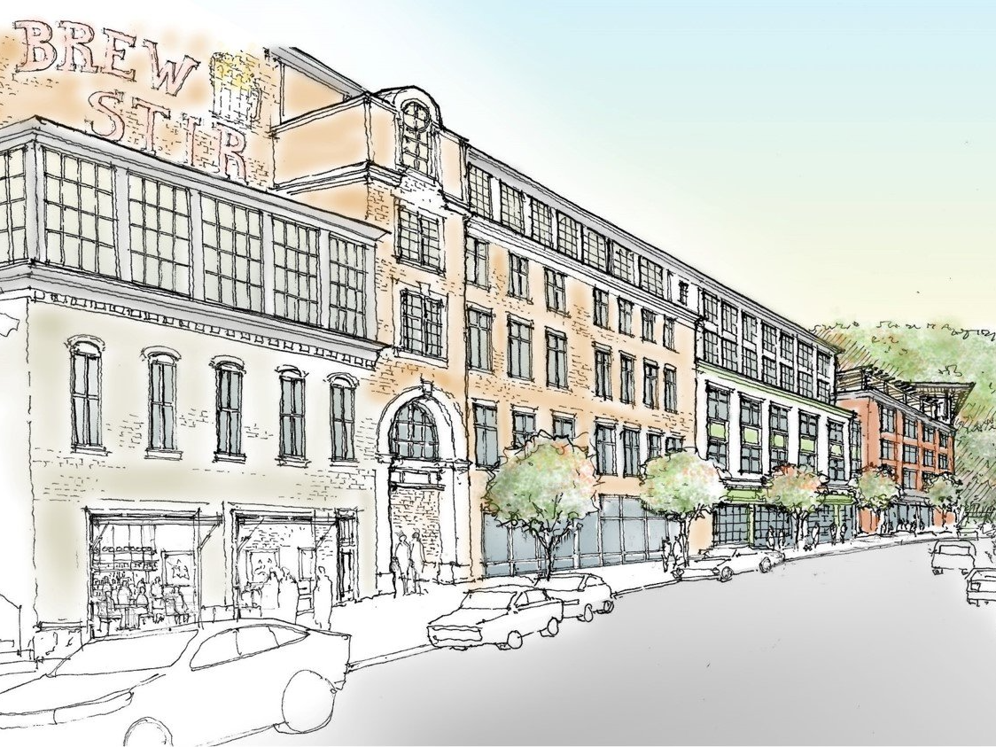 A drawing of a city street with a large building in the background