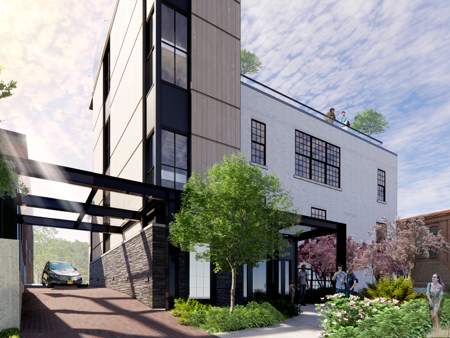 An artist 's impression of a building with a car parked in front of it.