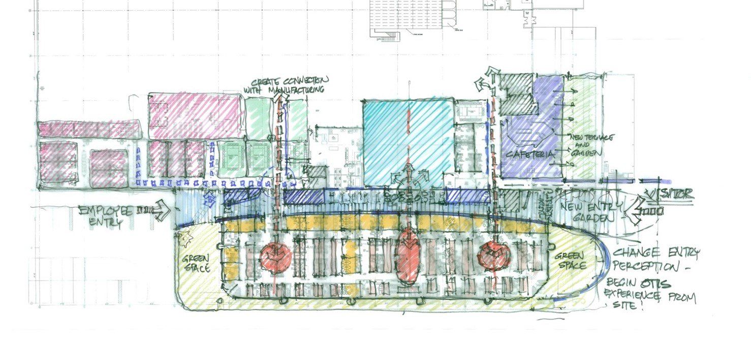 A drawing of a building with a lot of windows