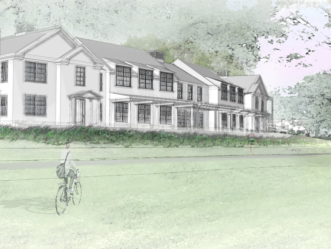 A drawing of a house with a person riding a bike in front of it.