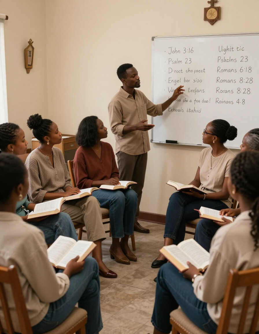 Diverse congregation engaged in small-group Bible study