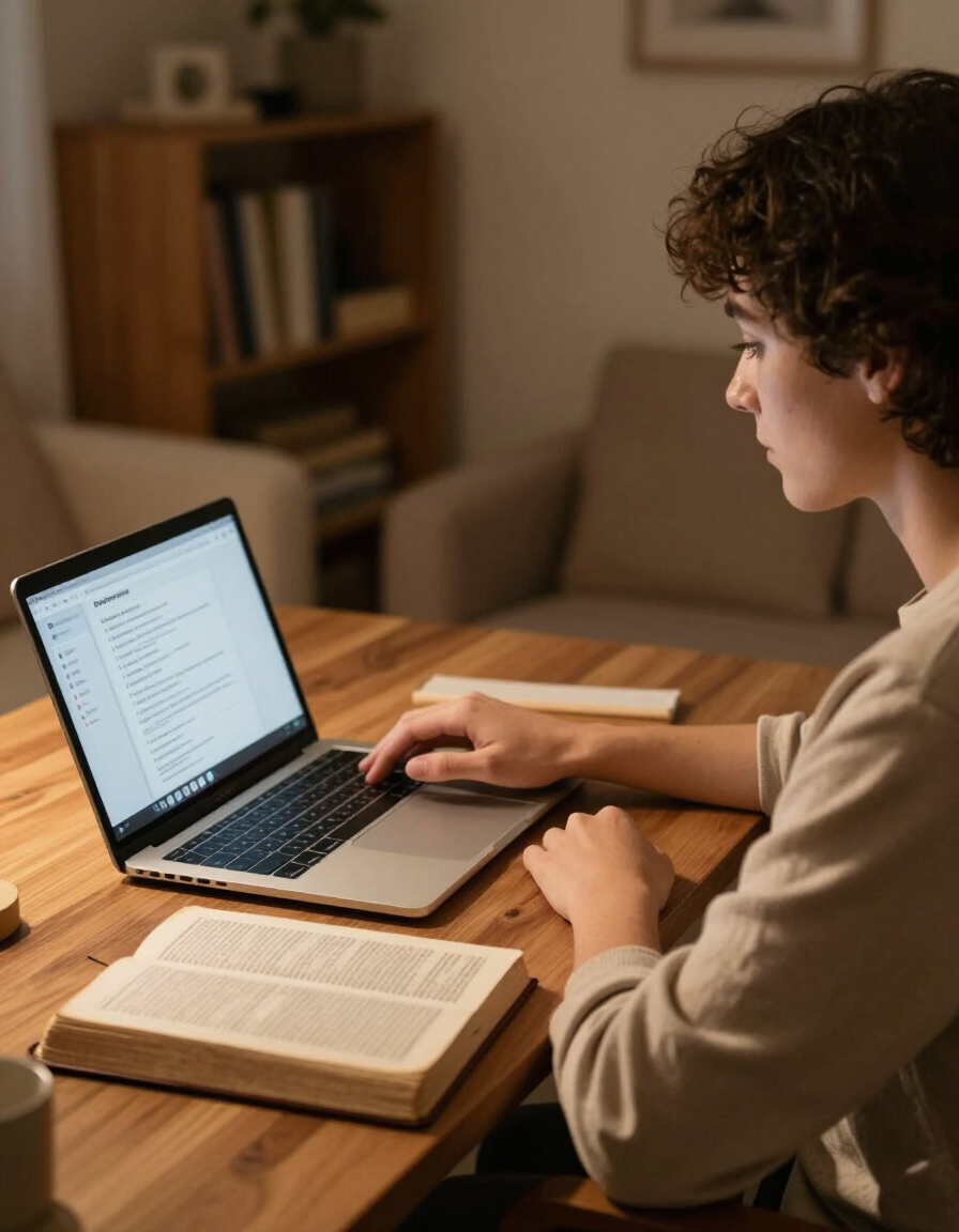 Person joining an online Bible study from home