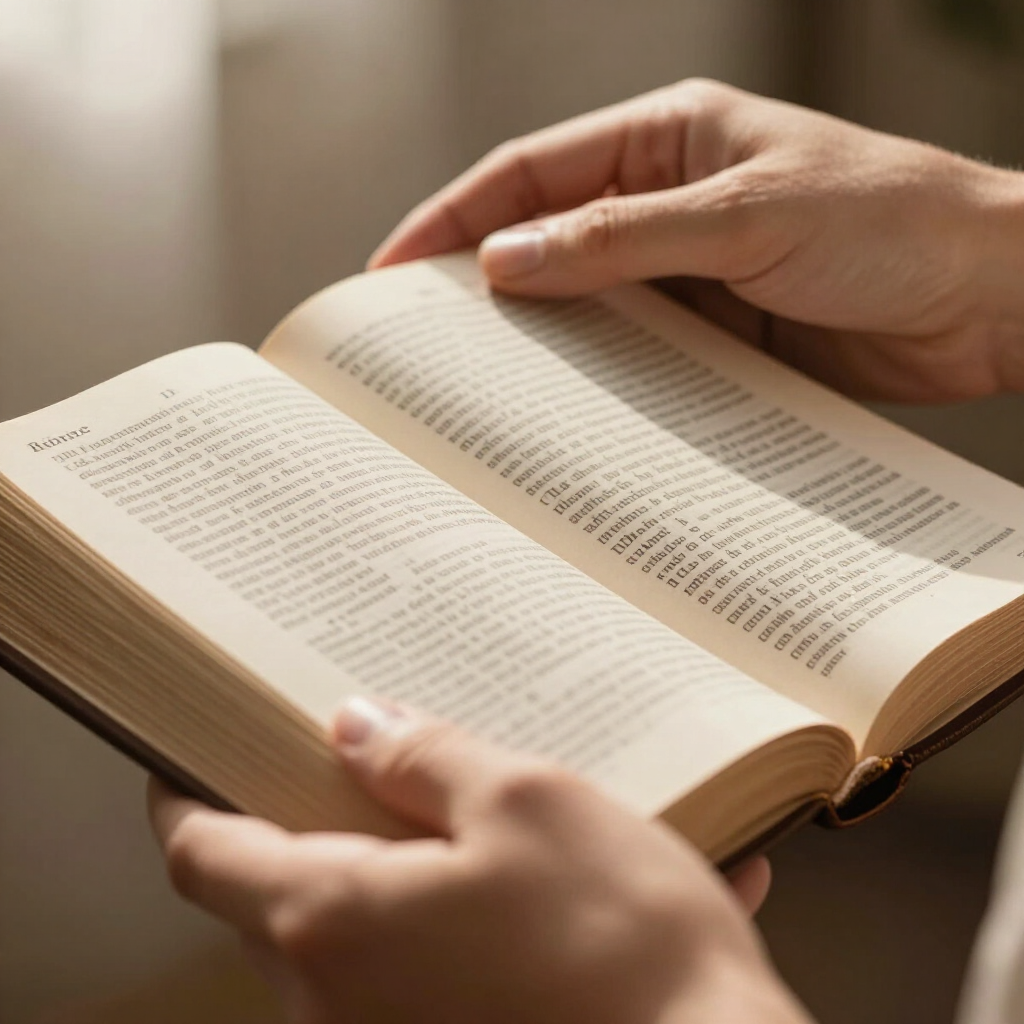 Hands gently holding an open Bible with warm soft light