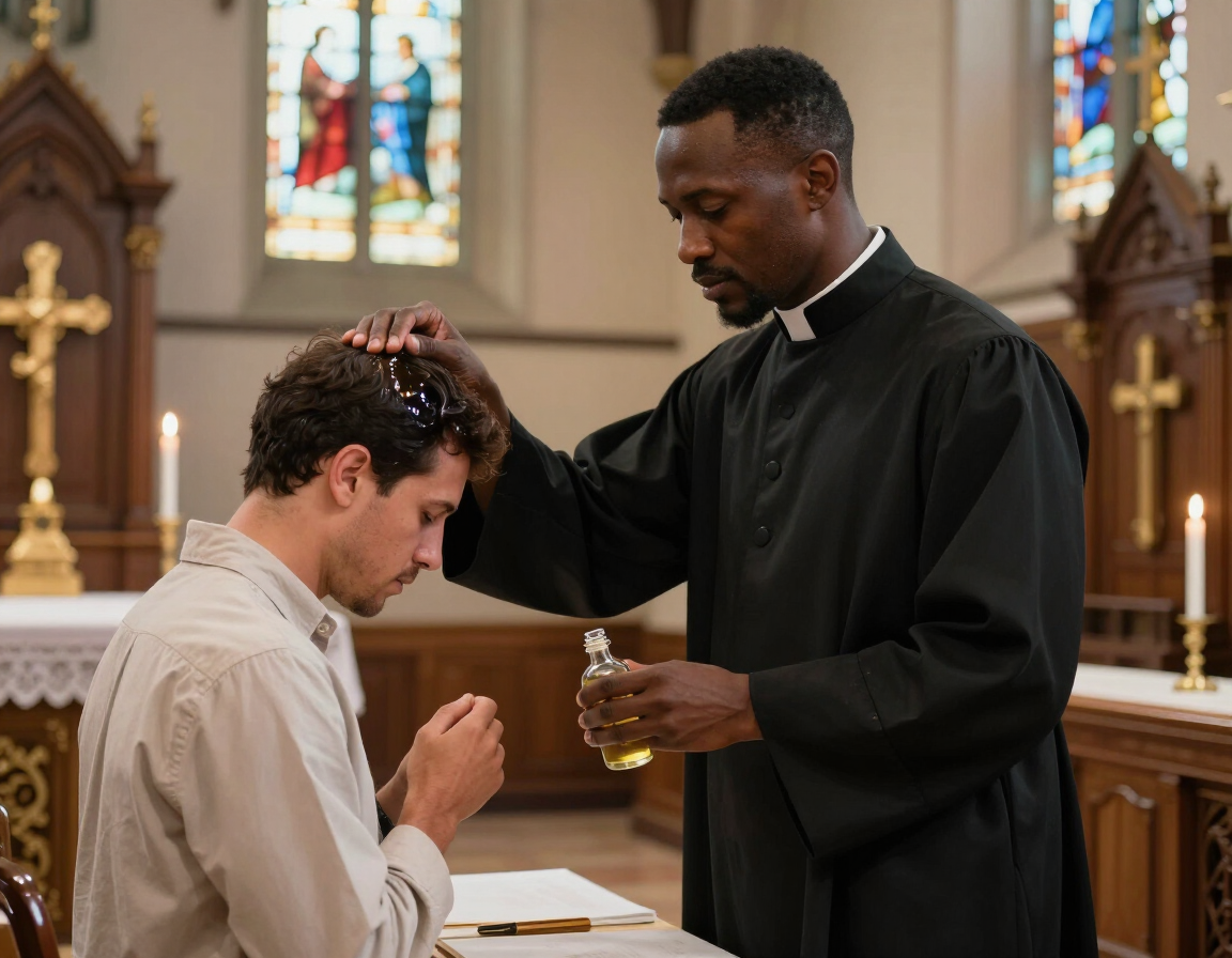 Minister anointing congregant with oil
