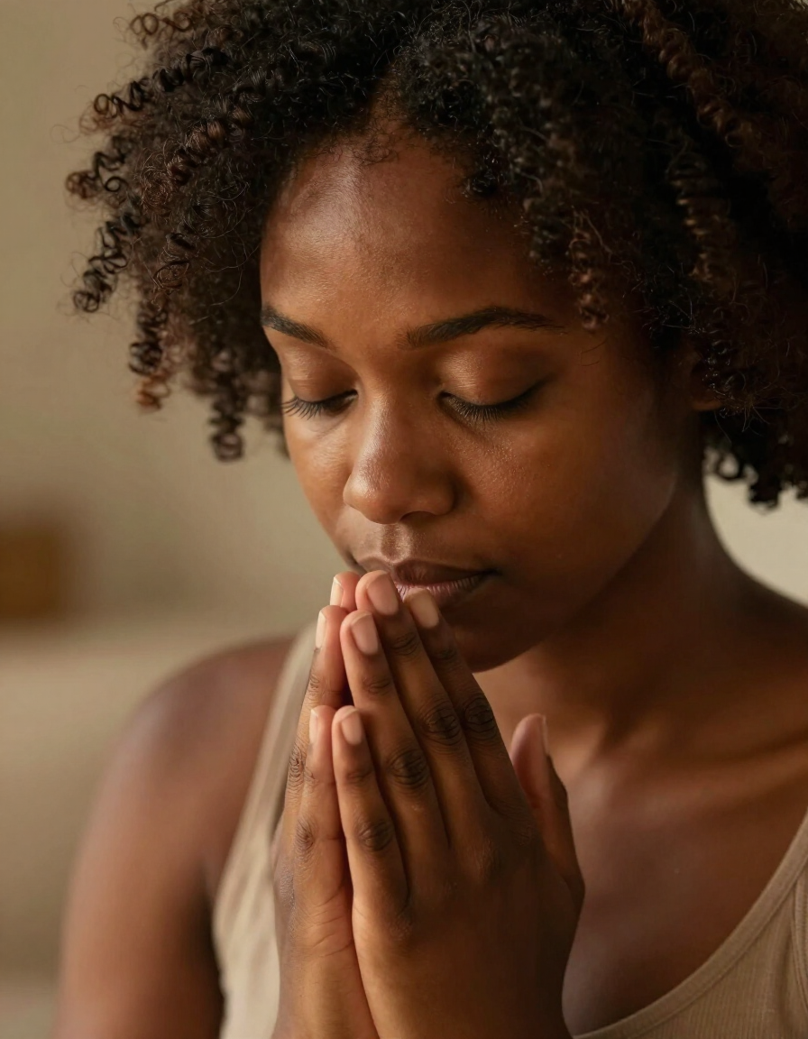 A person bowed in prayer with hands clasped and eyes closed