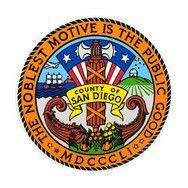 San Diego County Seal: gold, blue, red, white, and green circle with text and illustrations.