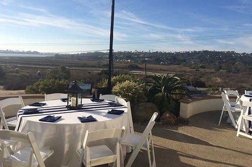 Outdoor event table set with white chairs, overlooking a landscape with blue sky.