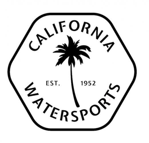 California Watersports logo, black text and palm tree on white inside a black-bordered hexagon.