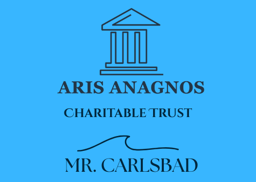 Blue logo for Aris Anagnos Charitable Trust, with a building illustration and