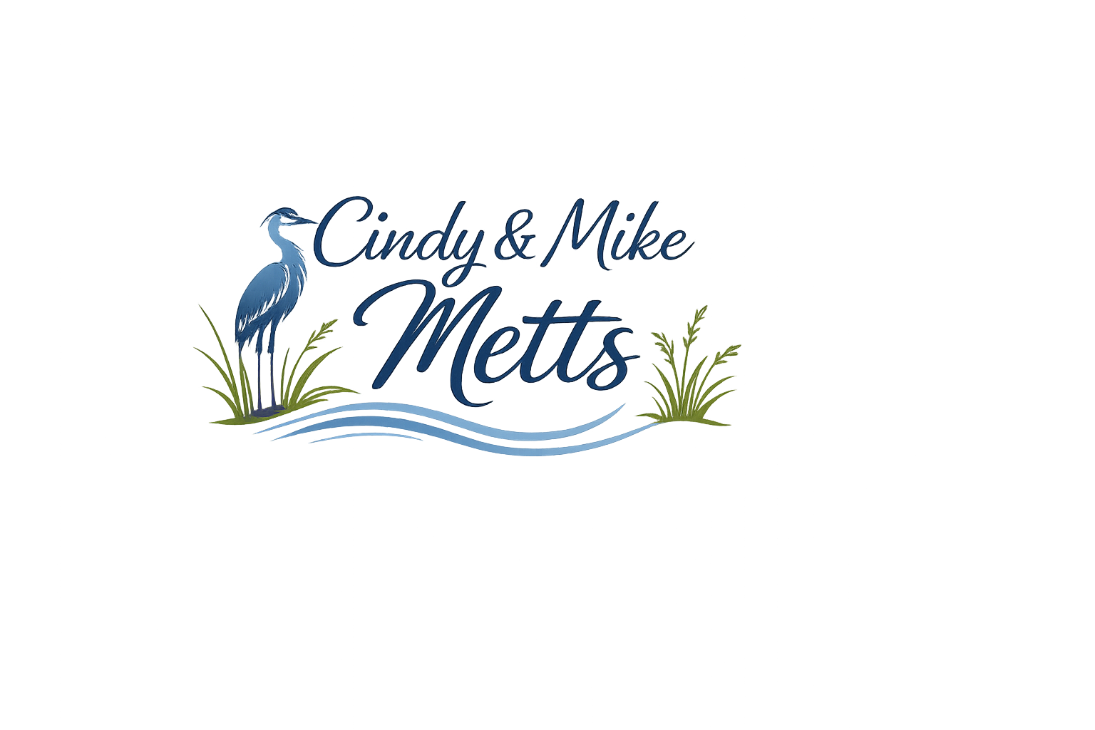 Logo reading “Cindy & Mike Metts” with blue floral accents and wavy lines