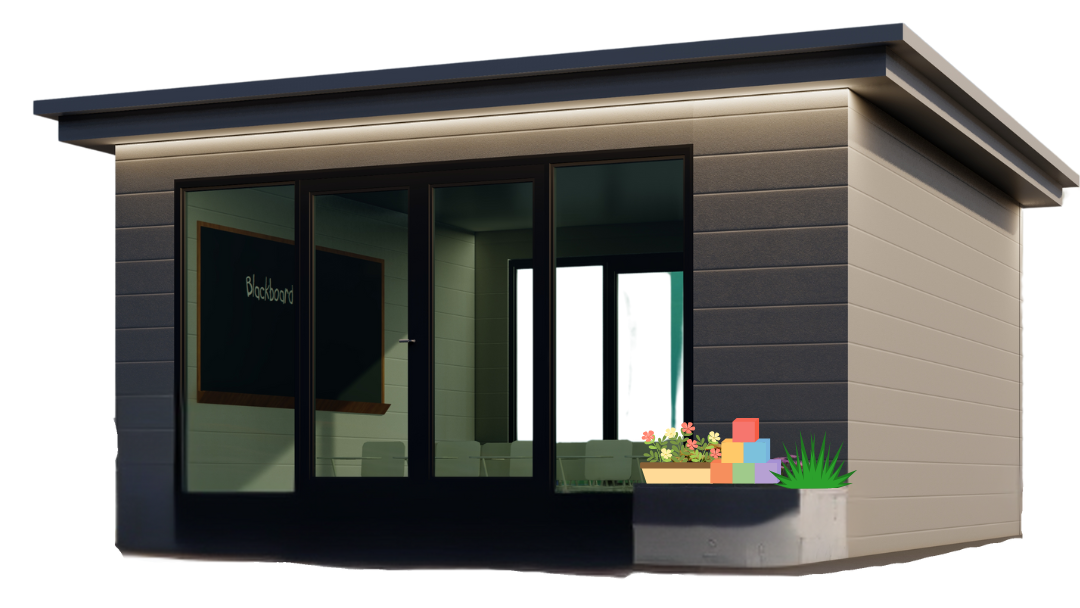 Small, modern building with a dark roof, large windows, and a flower box.