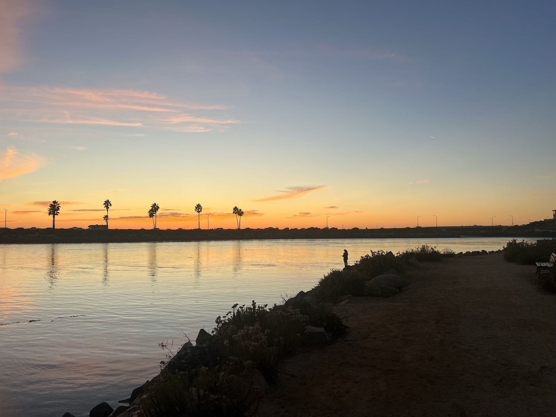 Sunset over calm water, with palm trees silhouetted along a distant shoreline.