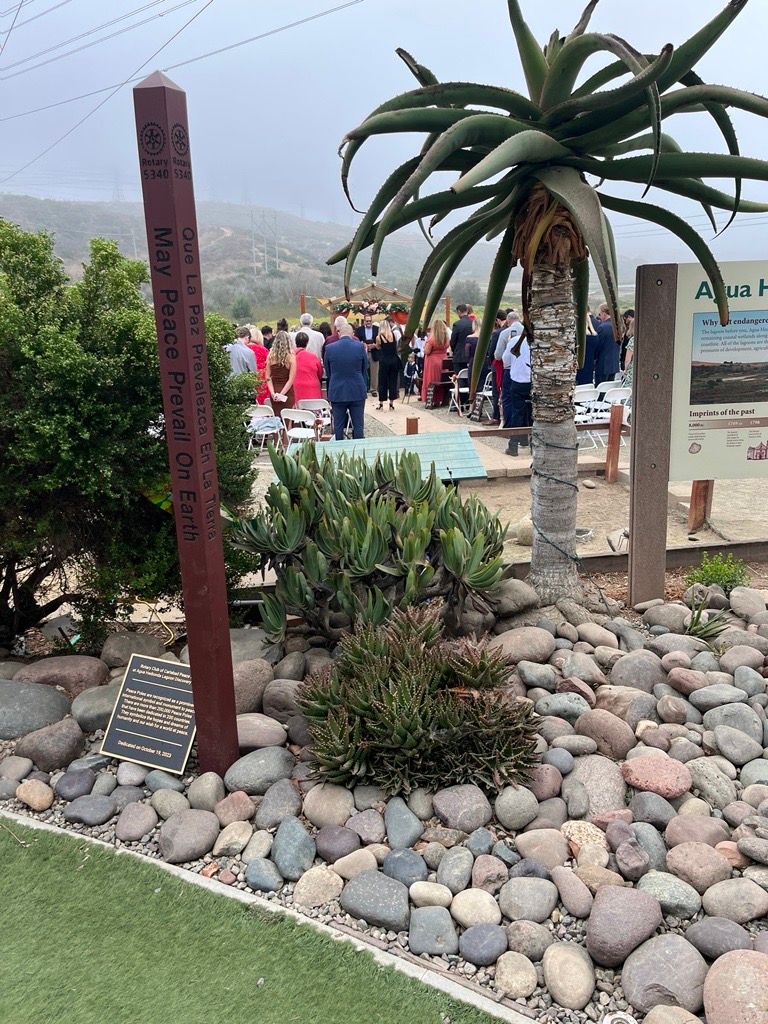 Memorial gathering near a sign, aloe tree, and rock garden, with mountains in the background.