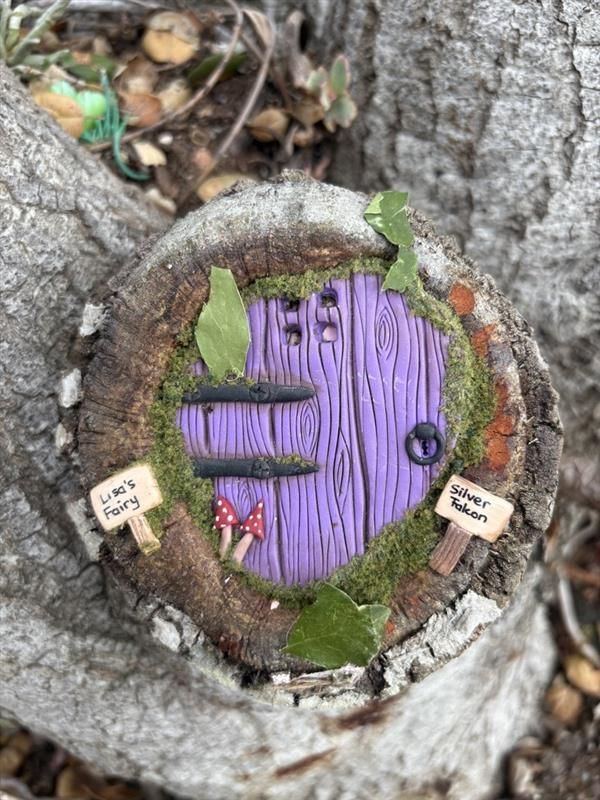 Purple fairy door in a tree stump, with moss, signs, and tiny shelves.