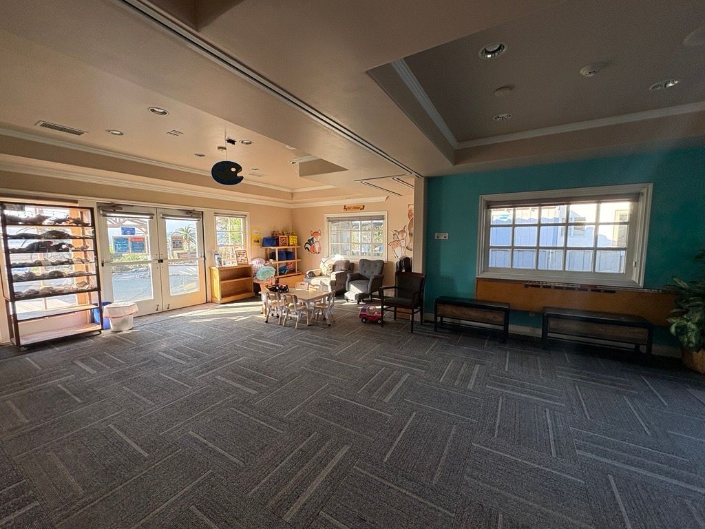 Bright, open room with carpet, large windows, and play furniture; a projector is visible on the ceiling.