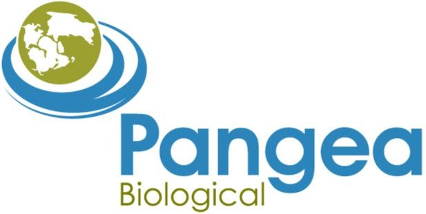 Logo for Pangea Biological, featuring an earth graphic within blue rings and the name in blue.