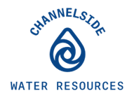 Channelside Water Resources logo: Blue water drop with swirling center,