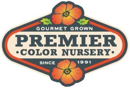 Logo for Premier Color Nursery: Orange flowers, text