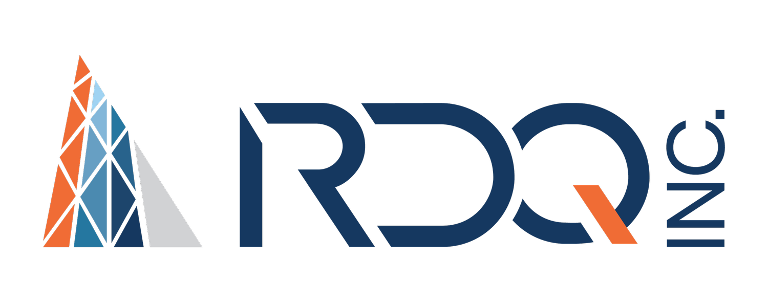 Logo for RDQ Inc. with geometric shapes, dark blue letters, and orange accent.
