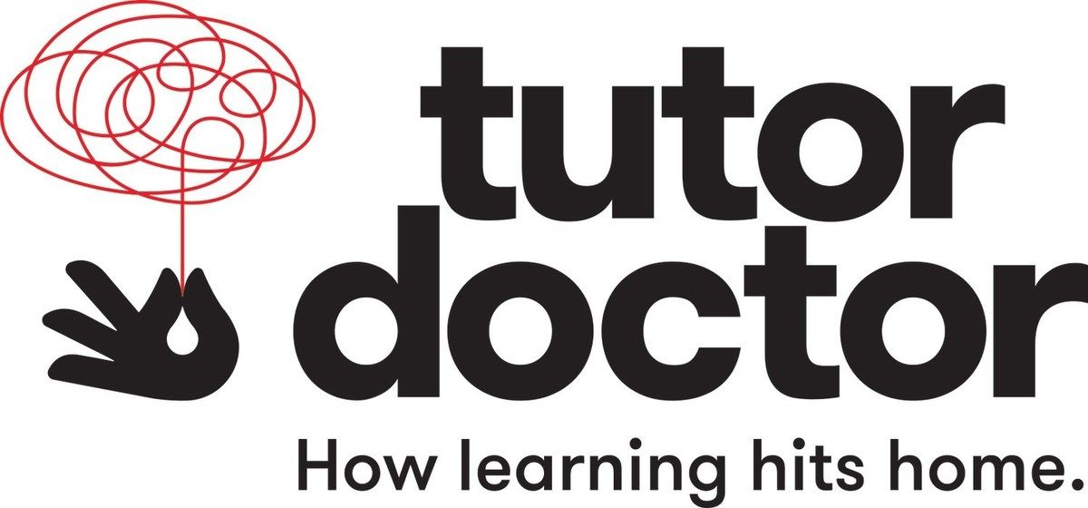 Logo for Tutor Doctor. Black text with a hand holding a red tangled ball.
