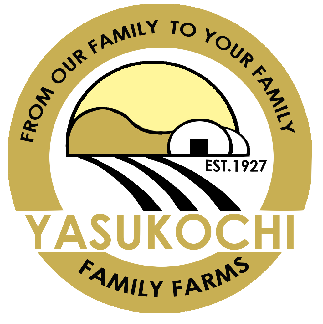 Logo for Yasukochi Family Farms: a farm scene inside a gold circle; text reads
