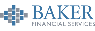 Baker Financial Services logo: blue and gray square tile design,