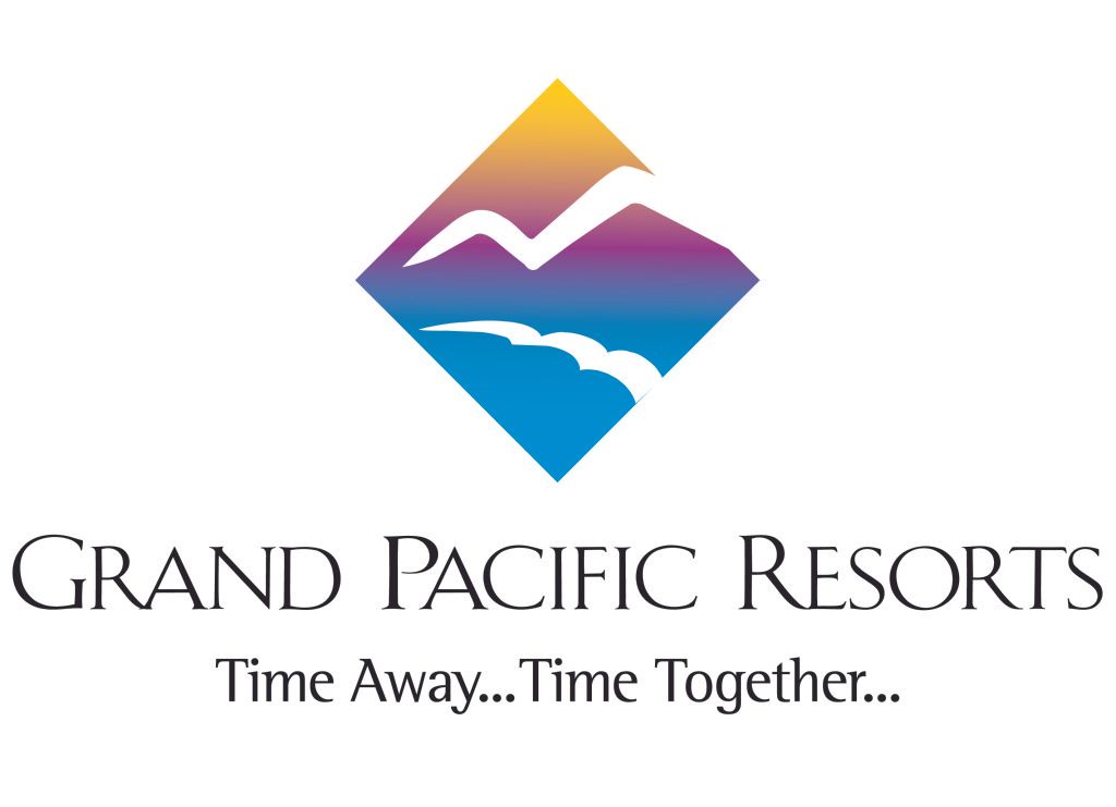 Grand Pacific Resorts logo: diamond with mountains and water, gradient colors, and text