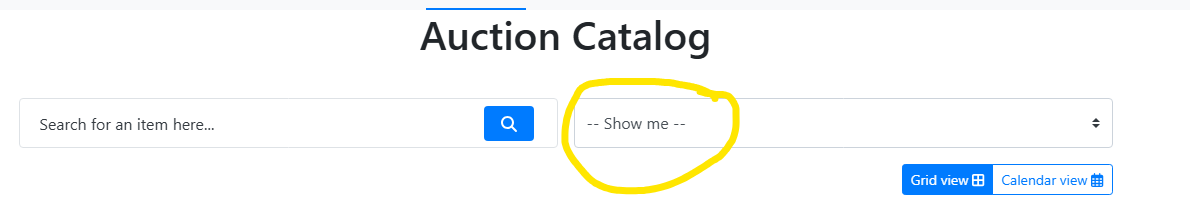 Auction catalog page with a yellow-circled link near the top and blue action buttons on the right.
