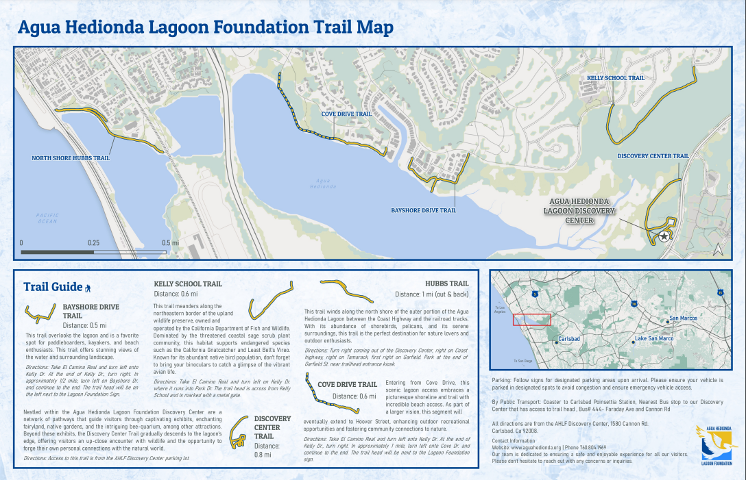 Trail map of Agua Hedionda Lagoon Foundation, showing trails, lagoon, and surrounding areas.