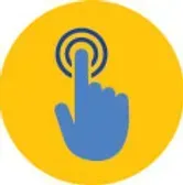 Blue hand with pointing finger touching concentric circles, yellow background.