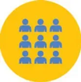 Nine blue human figures arranged in a 3x3 grid within a yellow circle.