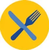 Blue fork and knife crossed on a yellow circle.