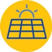 Solar panel and sun icon in a yellow circle.
