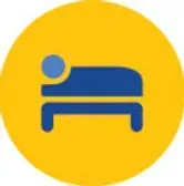 Blue bed icon with a person on a yellow circle background.