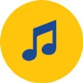Blue musical note on a yellow circle.