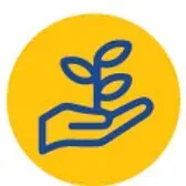 Blue hand cradling a growing plant inside a yellow circle.