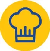 Blue chef's hat icon in a yellow circle.